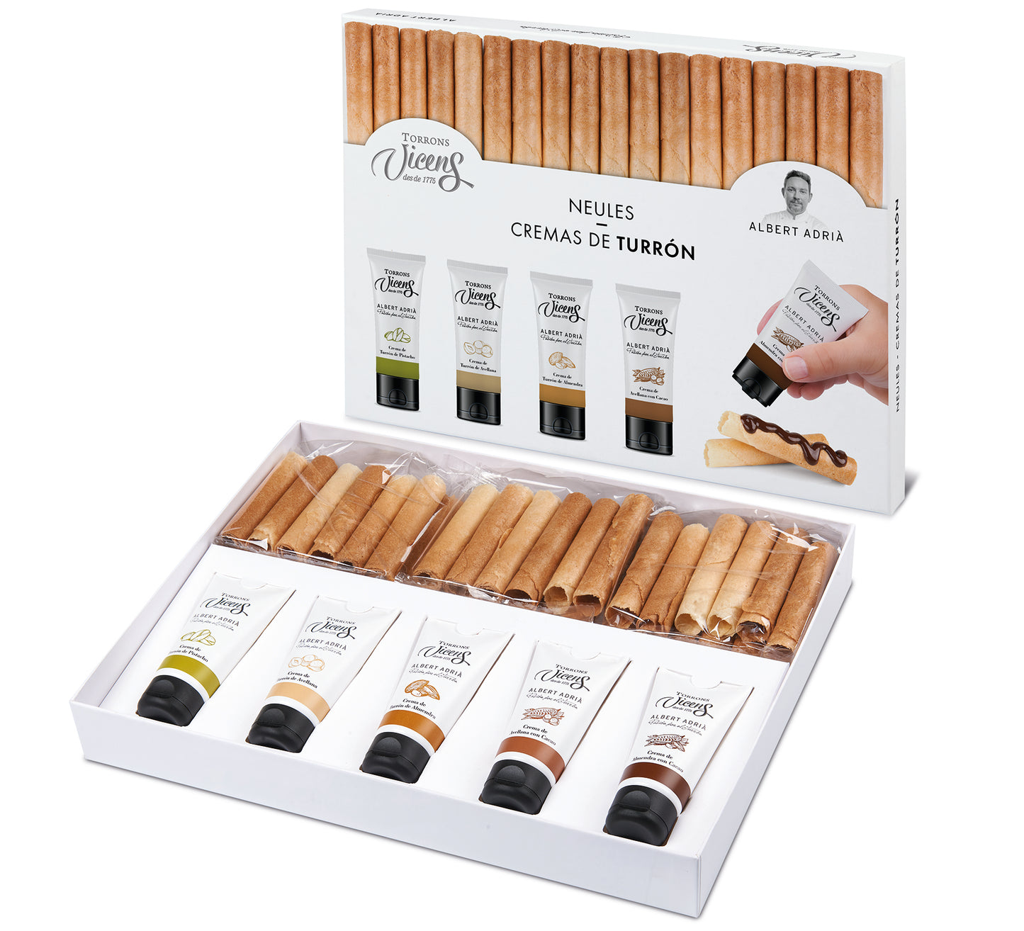 Boîte de 4 tubes de Crème de Nougat avec neulas (cigarettes russe très fines) d'Albert Adrià