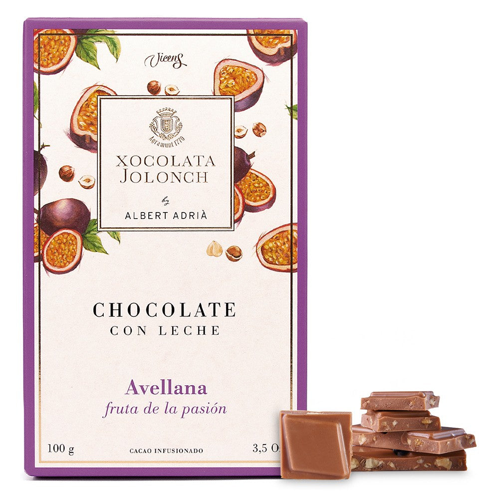 Tablette de Chocolat au lait avec noisettes et fruits de la passion